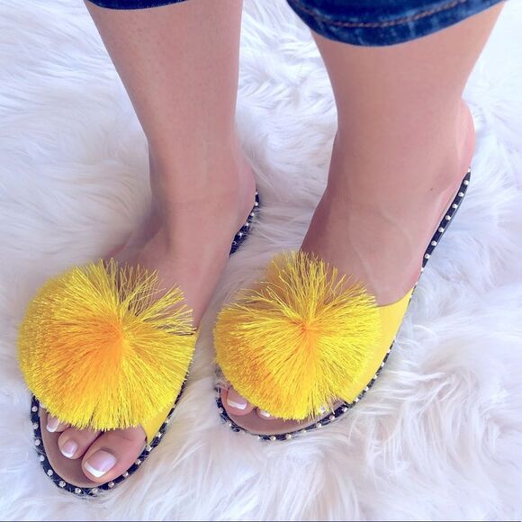 RESTOCK! Fun Yellow Pom Stud Slide On Padded Mule Sandals - Picture 4 of 15